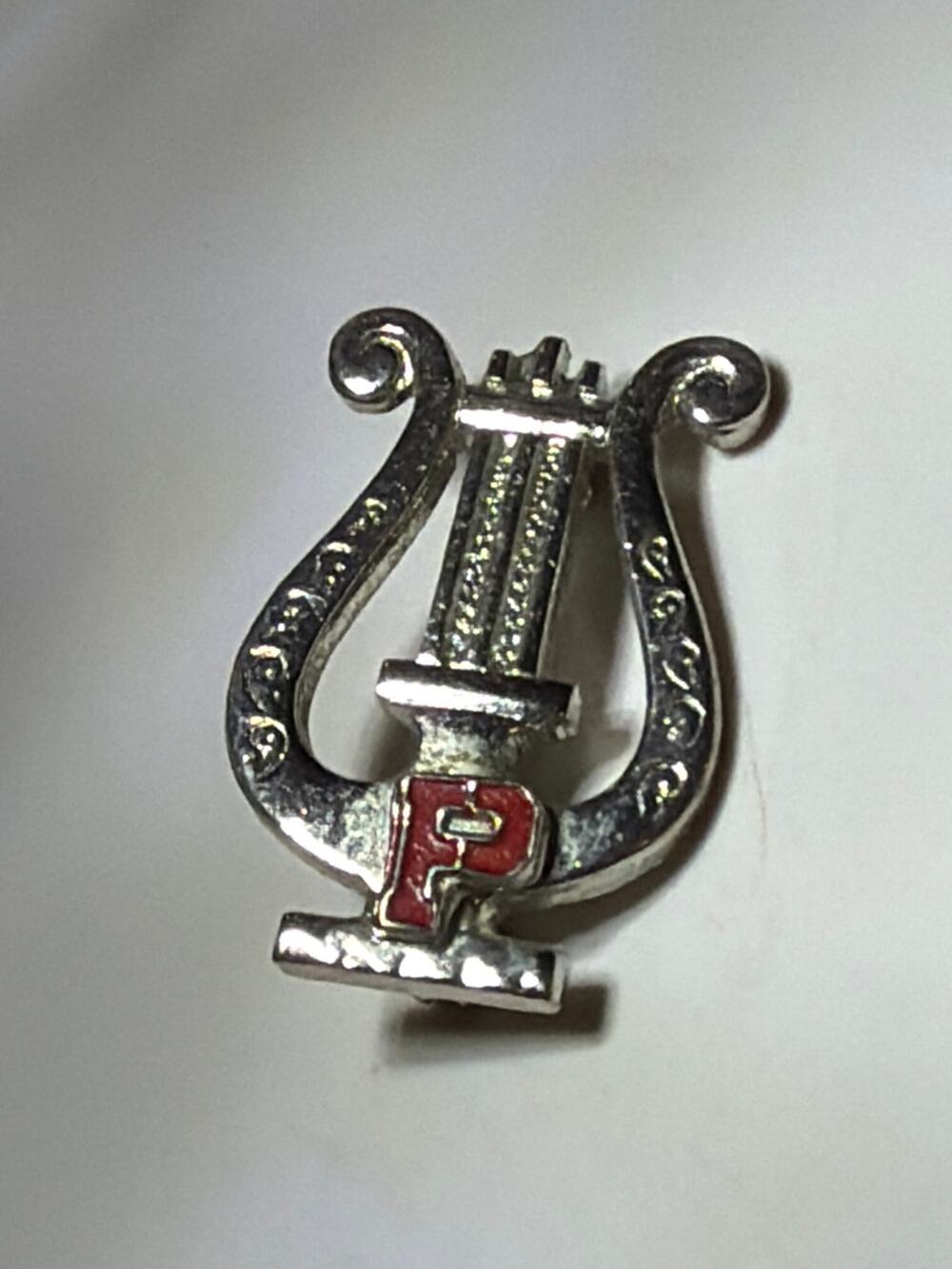 Vintage Silver Tone Lyre Harp Music Band Lapel Pin Red Enamel Letter P Brooch